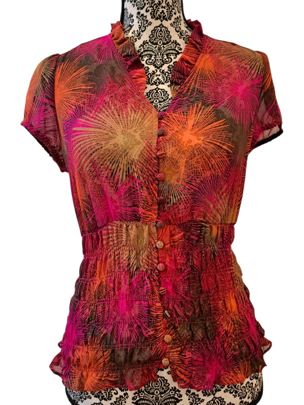 Worthington floral Pink & Orange Ruffled Button-Front Blouse Size S